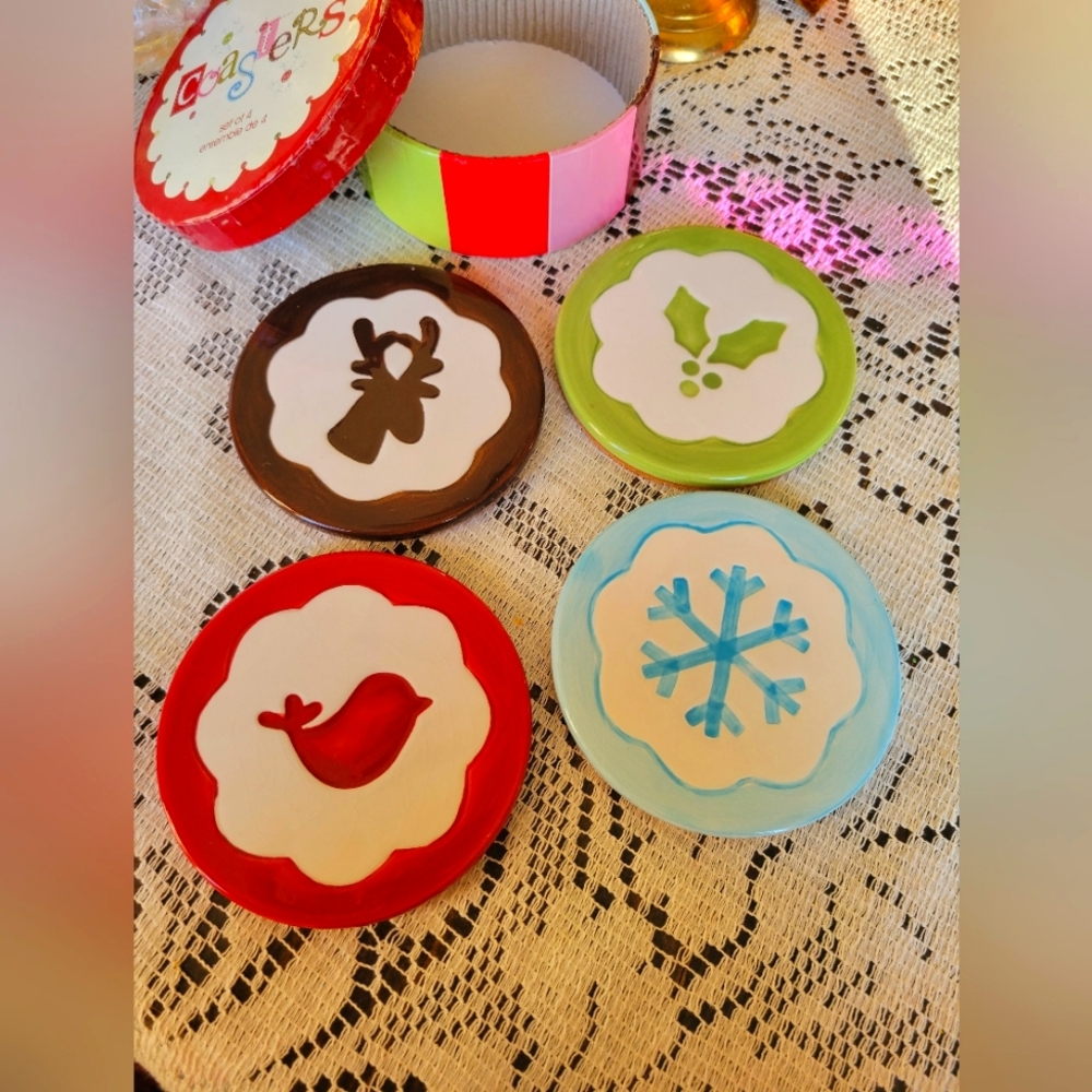 Vintage ceramic Carlton Cards Christmas coaster set nib